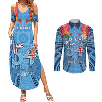 Fiji Day Couples Matching Summer Maxi Dress and Long Sleeve Button Shirt Happy 54 Years Of Independence Tapa Pattern Blue
