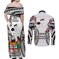 Fiji Day Couples Matching Off Shoulder Maxi Dress and Long Sleeve Button Shirt Happy 54 Years Of Independence Tapa Pattern White LT14 - Polynesian Pride