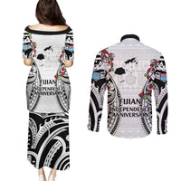 Fiji Day Couples Matching Puletasi and Long Sleeve Button Shirt Happy 54 Years Of Independence Tapa Pattern White