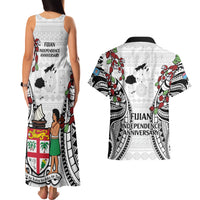Fiji Day Couples Matching Tank Maxi Dress and Hawaiian Shirt Happy 54 Years Of Independence Tapa Pattern White