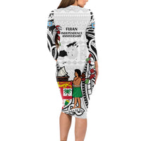 Fiji Day Long Sleeve Bodycon Dress Happy 54 Years Of Independence Tapa Pattern White