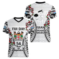 Fiji Day Women V-Neck T-Shirt Happy 54 Years Of Independence Tapa Pattern White