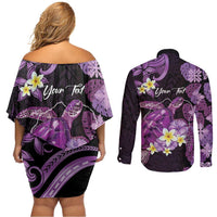 Personalised Aloha Hawaii Kauai Island Couples Matching Off Shoulder Short Dress and Long Sleeve Button Shirt Garden Isle Map Sea Turtle Plumeria