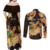 Personalised Aloha Hawaii Lanai Island Couples Matching Off Shoulder Maxi Dress and Long Sleeve Button Shirt Pineapple Isle Map Sea Turtle Plumeria