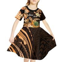 Personalised Aloha Hawaii Lanai Island Kid Short Sleeve Dress Pineapple Isle Map Sea Turtle Plumeria