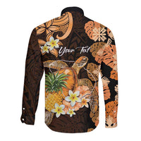 Personalised Aloha Hawaii Lanai Island Long Sleeve Button Shirt Pineapple Isle Map Sea Turtle Plumeria