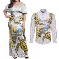 Personalised Aloha Hawaii Niihau Island Couples Matching Off Shoulder Maxi Dress and Long Sleeve Button Shirt Forbidden Isle Map Shell Lei