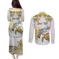 Personalised Aloha Hawaii Niihau Island Couples Matching Puletasi and Long Sleeve Button Shirt Forbidden Isle Map Shell Lei