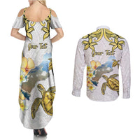 Personalised Aloha Hawaii Niihau Island Couples Matching Summer Maxi Dress and Long Sleeve Button Shirt Forbidden Isle Map Shell Lei
