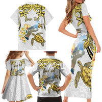 Personalised Aloha Hawaii Niihau Island Family Matching Short Sleeve Bodycon Dress and Hawaiian Shirt Forbidden Isle Map Shell Lei