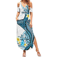 Personalised Aloha Hawaii Kahoolawe Island Family Matching Summer Maxi Dress and Hawaiian Shirt Target Isle Map With Humpback Whale LT14 Mom's Dress Blue - Polynesian Pride