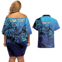 Personalised Polynesia Blue Marlin Fishing Couples Matching Off Shoulder Short Dress and Hawaiian Shirt Marlin Anchor Tattoo Polynesian Pattern