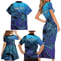 Personalised Polynesia Blue Marlin Fishing Family Matching Short Sleeve Bodycon Dress and Hawaiian Shirt Marlin Anchor Tattoo Polynesian Pattern