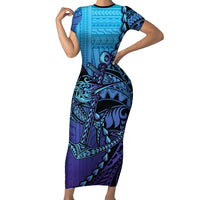 Personalised Polynesia Blue Marlin Fishing Family Matching Short Sleeve Bodycon Dress and Hawaiian Shirt Marlin Anchor Tattoo Polynesian Pattern
