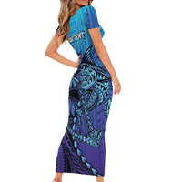 Personalised Polynesia Blue Marlin Fishing Family Matching Short Sleeve Bodycon Dress and Hawaiian Shirt Marlin Anchor Tattoo Polynesian Pattern