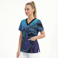 Personalised Polynesia Blue Marlin Fishing Scrub Top Marlin Anchor Tattoo Polynesian Pattern