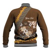 Personalised Tonga Language Week Baseball Jacket Malo e Lelei Tongan Ngatu Pattern - Brown