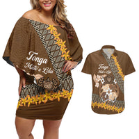 Personalised Tonga Language Week Couples Matching Off Shoulder Short Dress and Hawaiian Shirt Malo e Lelei Tongan Ngatu Pattern - Brown LT14 Brown - Polynesian Pride