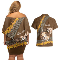 Personalised Tonga Language Week Couples Matching Off Shoulder Short Dress and Hawaiian Shirt Malo e Lelei Tongan Ngatu Pattern - Brown LT14 - Polynesian Pride