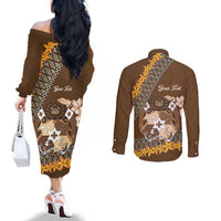 Personalised Tonga Language Week Couples Matching Off The Shoulder Long Sleeve Dress and Long Sleeve Button Shirt Malo e Lelei Tongan Ngatu Pattern - Brown
