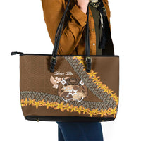 Personalised Tonga Language Week Leather Tote Bag Malo e Lelei Tongan Ngatu Pattern - Brown