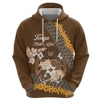 Personalised Tonga Language Week Zip Hoodie Malo e Lelei Tongan Ngatu Pattern - Brown