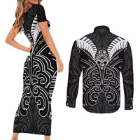 Kia Kaha Te Reo Maori Couples Matching Short Sleeve Bodycon Dress and Long Sleeve Button Shirt Aotearoa Hei Tiki With Hongi