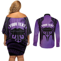 Personalised New Zealand Suffrage Day Couples Matching Off Shoulder Short Dress and Long Sleeve Button Shirt Maori Tattoo Galaxy Vibe - Polynesian Pride