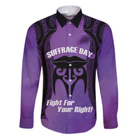 Personalised New Zealand Suffrage Day Family Matching Off Shoulder Maxi Dress and Hawaiian Shirt Maori Tattoo Galaxy Vibe LT14 Dad's Shirt - Long Sleeve Purple - Polynesian Pride