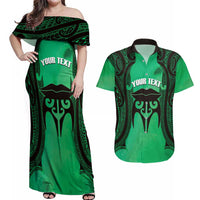 Personalised Moko Kauae New Zealand Couples Matching Off Shoulder Maxi Dress and Hawaiian Shirt Maori Chin Tattoo Green - Polynesian Pride