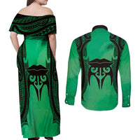 Personalised Moko Kauae New Zealand Couples Matching Off Shoulder Maxi Dress and Long Sleeve Button Shirt Maori Chin Tattoo Green - Polynesian Pride