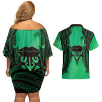 Personalised Moko Kauae New Zealand Couples Matching Off Shoulder Short Dress and Hawaiian Shirt Maori Chin Tattoo Green - Polynesian Pride