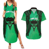 Personalised Moko Kauae New Zealand Couples Matching Summer Maxi Dress and Hawaiian Shirt Maori Chin Tattoo Green - Polynesian Pride