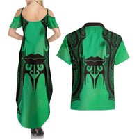 Personalised Moko Kauae New Zealand Couples Matching Summer Maxi Dress and Hawaiian Shirt Maori Chin Tattoo Green - Polynesian Pride