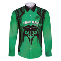 Personalised Moko Kauae New Zealand Family Matching Long Sleeve Bodycon Dress and Hawaiian Shirt Maori Chin Tattoo Green - Polynesian Pride