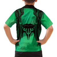 Personalised Moko Kauae New Zealand Family Matching Off The Shoulder Long Sleeve Dress and Hawaiian Shirt Maori Chin Tattoo Green LT14 - Polynesian Pride