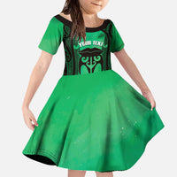 Personalised Moko Kauae New Zealand Family Matching Off The Shoulder Long Sleeve Dress and Hawaiian Shirt Maori Chin Tattoo Green LT14 Daughter's Dress Green - Polynesian Pride