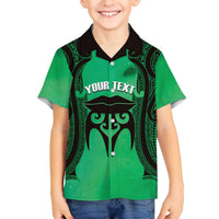 Personalised Moko Kauae New Zealand Family Matching Off The Shoulder Long Sleeve Dress and Hawaiian Shirt Maori Chin Tattoo Green LT14 Son's Shirt Green - Polynesian Pride