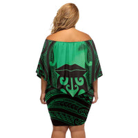 Personalised Moko Kauae New Zealand Family Matching Off Shoulder Short Dress and Hawaiian Shirt Maori Chin Tattoo Green - Polynesian Pride