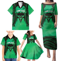 Personalised Moko Kauae New Zealand Family Matching Puletasi and Hawaiian Shirt Maori Chin Tattoo Green - Polynesian Pride