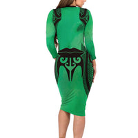 Personalised Moko Kauae New Zealand Long Sleeve Bodycon Dress Maori Chin Tattoo Green - Polynesian Pride