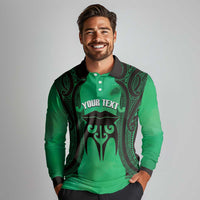 Personalised Moko Kauae New Zealand Long Sleeve Polo Shirt Maori Chin Tattoo Green - Polynesian Pride