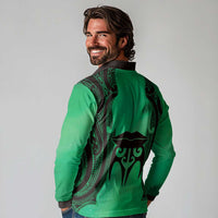 Personalised Moko Kauae New Zealand Long Sleeve Polo Shirt Maori Chin Tattoo Green - Polynesian Pride