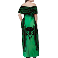 Personalised Moko Kauae New Zealand Off Shoulder Maxi Dress Maori Chin Tattoo Green - Polynesian Pride