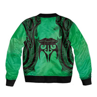 Personalised Moko Kauae New Zealand Sleeve Zip Bomber Jacket Maori Chin Tattoo Green - Polynesian Pride
