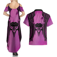 Personalised Moko Kauae New Zealand Couples Matching Summer Maxi Dress and Hawaiian Shirt Maori Chin Tattoo Pink - Polynesian Pride
