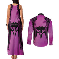 Personalised Moko Kauae New Zealand Couples Matching Tank Maxi Dress and Long Sleeve Button Shirt Maori Chin Tattoo Pink - Polynesian Pride