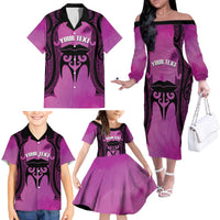 Personalised Moko Kauae New Zealand Family Matching Off The Shoulder Long Sleeve Dress and Hawaiian Shirt Maori Chin Tattoo Pink - Polynesian Pride