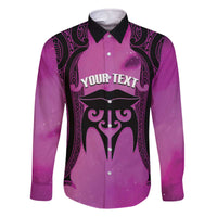 Personalised Moko Kauae New Zealand Family Matching Off The Shoulder Long Sleeve Dress and Hawaiian Shirt Maori Chin Tattoo Pink - Polynesian Pride