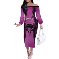Personalised Moko Kauae New Zealand Off The Shoulder Long Sleeve Dress Maori Chin Tattoo Pink - Polynesian Pride